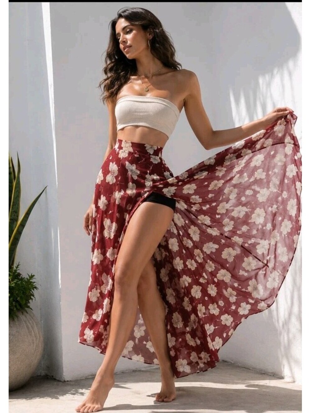 Flynn Skye Women's Floral Print Tiered Maxi Size L Skirt Side Slits Rayon #C3